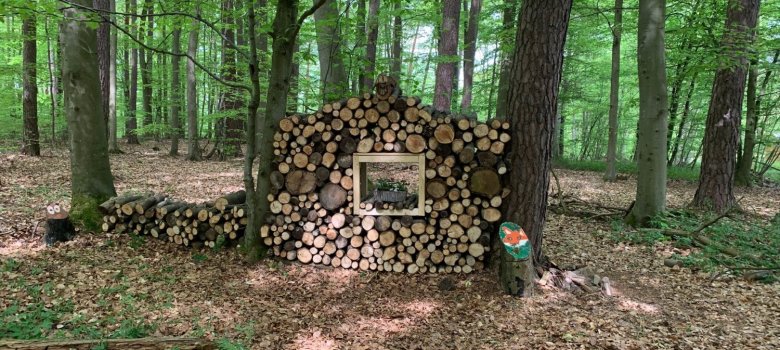 Geschickt aufgebaute Holzstücke mit einer Geranie geschmückten (Fenster)-Öffnung bieten im Eingangsbereich des Waldes einen besonderen Anblick. 