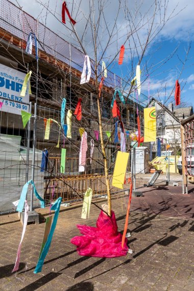 Das Foto zeigt den mit bunten Bändern und den Wünschen der Kinder behangenen Richtbaum an der Grundschule Bad Salzig.