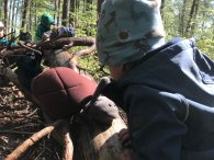 Kinder beim spielen mit einem toten Holzstamm