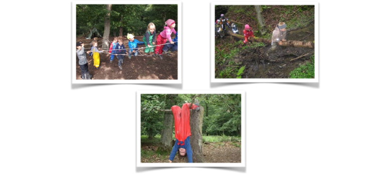 Bildersammlung von im Wald spielenden Kindern 