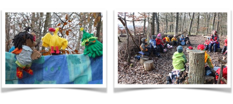 Bildersammlung von im Wald spielenden Kindern 