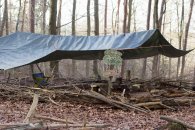 Überdachter Sitzkreis aus Holz im Wald