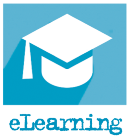 Icon E-Learning: weißer Hut mit viereckigem Dach und einer Quaste auf blauem Grund. Darunter steht das Wort E-Learning Icon E-Learning: weißer Hut mit viereckigem Dach und einer Quaste auf blauem Grund. Darunter steht das Wort E-Learning