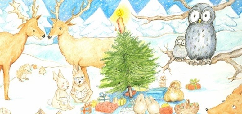Ausschnitt aus dem Titelbild der Dezembergeschichten 2022: Adventskalender mit Vorlesegeschichten für Kita-Kinder: Weihnachten im Wald