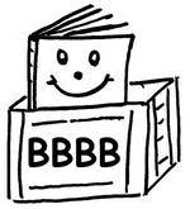 Logo Bopparder Bilderbuchbox: Die schwarz-weiß-Zeichnung zeigt ein Buch mit freundlichem Smiley-Gesicht, welches aus einer Kiste schaut