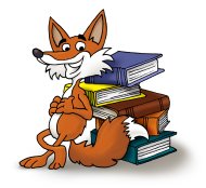 Logo Mediensuche: versinnbildlicht durch einen Fuchs namens Findus, der an einem Stapel Bücher gelehnt steht