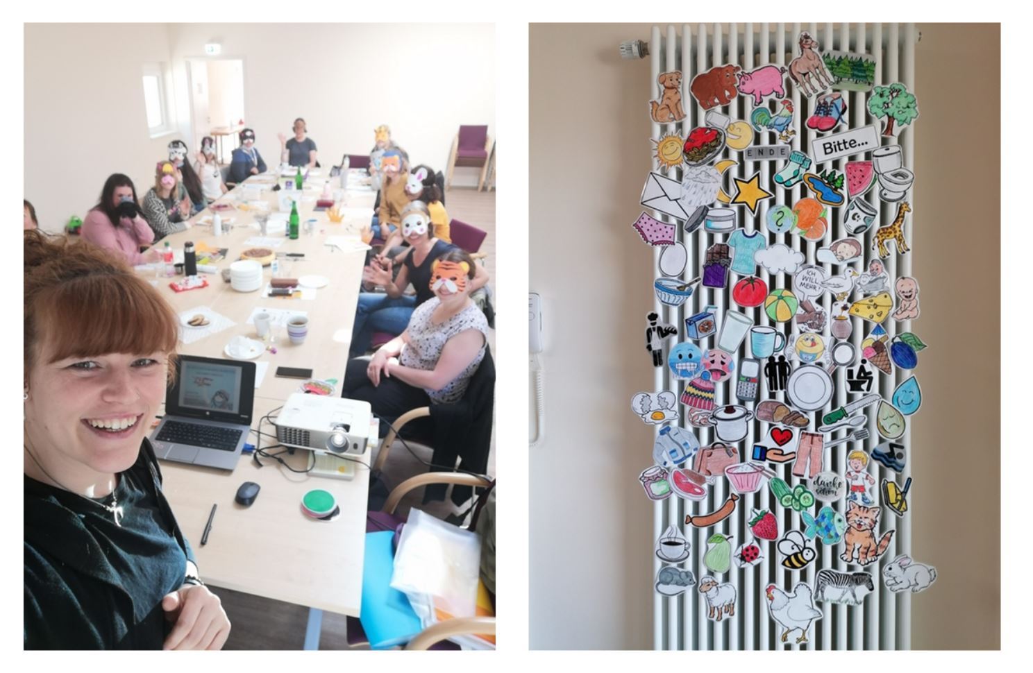 Am Montag, den 28.03.22, war die Bewegungs-Kita Weiler für die Kinder geschlossen, denn es fand ein lehrreicher Konzeptionstag für die Mitarbeiterinnen der Kita statt. Das Foto zeigt das Team mit Tiermasken und am Teamtag gestaltete Pins.