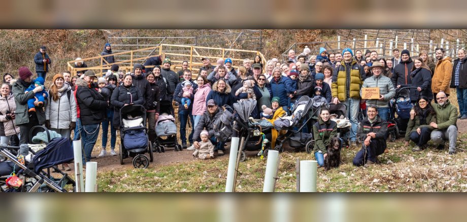Mit einer großen Gruppe wurden im Bopparder Hochzeits- und Kinderwald am Samstag, 15. März 2025, wieder Bäume gepflanzt für im Jahr 2024 geschlossene Ehen und geborene Kinder. Die Aktion wird organisiert von Stadt und Forstamt Boppard.