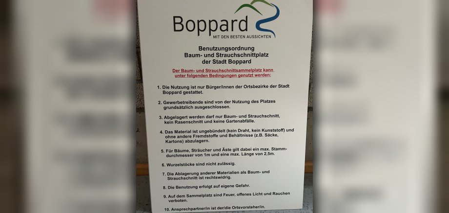 Auf den Baum- und Strauchschnittplätzen in Boppard gilt ab sofort eine geänderte Benutzungsordnung. Auf den Baum- und Strauchschnittplätzen in Boppard gilt ab sofort eine geänderte Benutzungsordnung.