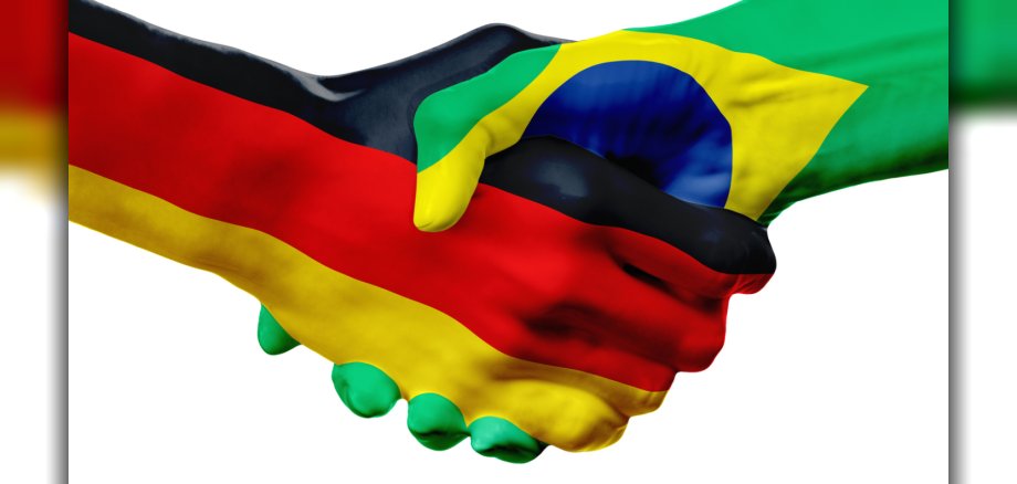 Zwei mit den Flaggen von Brasilien und Deutschland bemalte Hände. Es wird sich die Hand gereicht. 