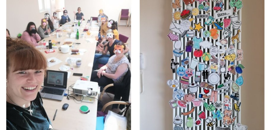 Am Montag, den 28.03.22, war die Bewegungs-Kita Weiler für die Kinder geschlossen, denn es fand ein lehrreicher Konzeptionstag für die Mitarbeiterinnen der Kita statt. Das Foto zeigt das Team mit Tiermasken und am Teamtag gestaltete Pins.